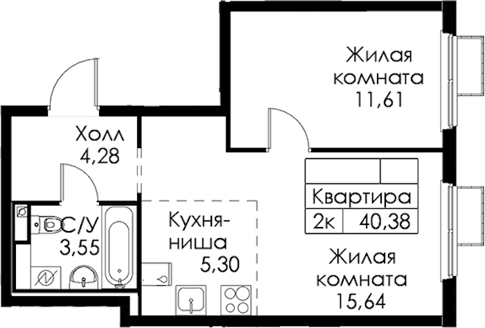 1-комнатная квартира 40.38 м², 15/15 эт., ЖК «Янинский лес»